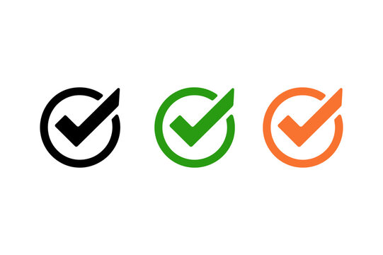 Check mark icons set with circular outline, black green orange approval symbols for UI buttons, validation and success status