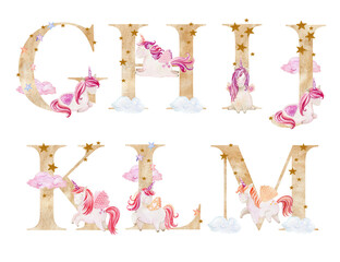 Watercolor letters with unicorns for invitation card, nursery poster and other.