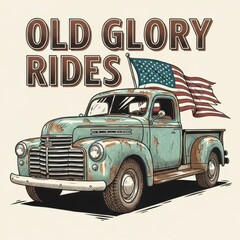 Vintage truck with American flag, old glory rides, distressed teal truck