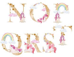 Watercolor letters with unicorns for invitation card, nursery poster and other.