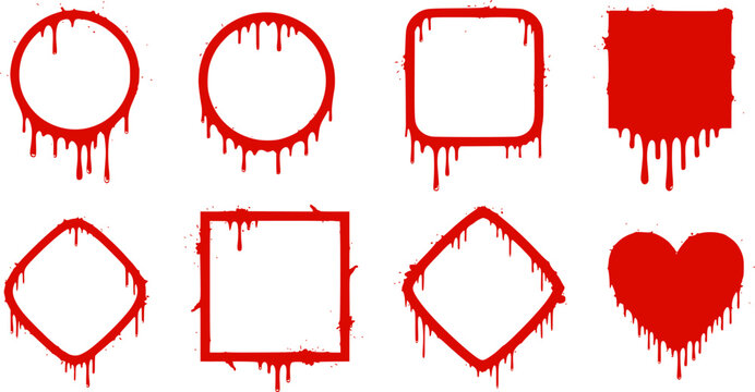 Liquid or paint drips. Set of vector ink round, square, corner frame silhouettes.
