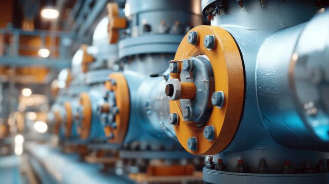 Close-up of industrial pipeline valves and flanges in a factory setting