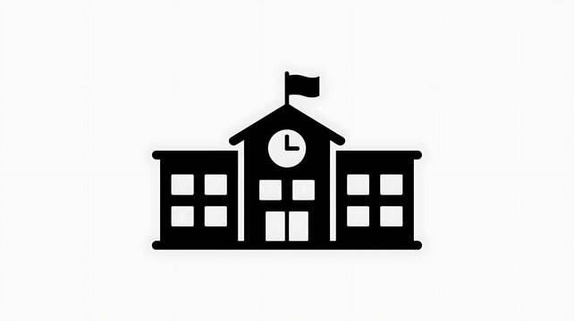 A simple black and white illustration of a school building with a clock and flag.