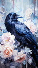 Fototapeta premium Black raven sits among blooming pale pink roses in garden.