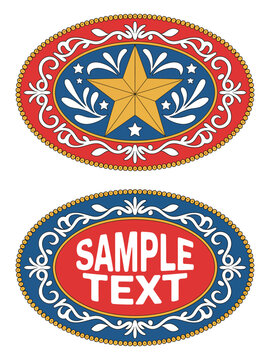 cross crucifix star badge rodeo cowboy label with belt buckle design, wild west style tag, stylized western decorative floral frame, vector illustration artwork.