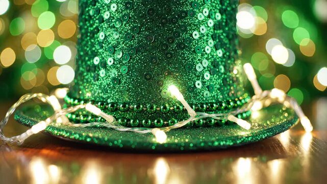 Green sequin top hat with fairy lights for St. Patrick's Day