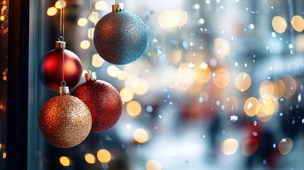 Obraz premium Festive Christmas Ornaments and Twinkling Lights Display with Vibrant Colors and Soft Bokeh Background