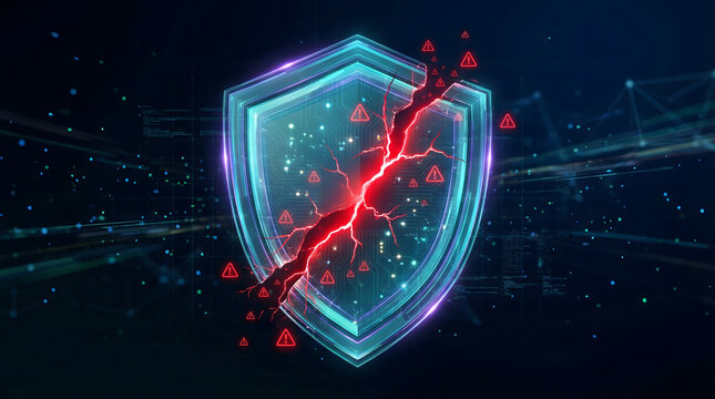 digital cybersecurity concept of a glowing blue shield broken by a red lightning bolt representing a major data breach security failure and cyber attack on a dark background