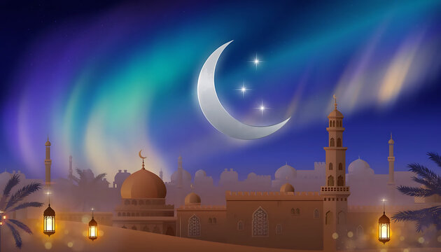 Mosque with Crescent Moon and Lanterns.