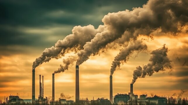 Industrial smokestacks billowing thick plumes of smoke into an overcast, yellow-tinged sky over a city.