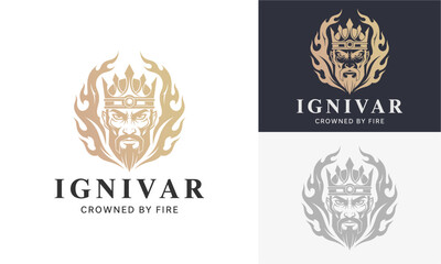 Luxurious logo designs featuring a crowned lion's head surrounded by flames in gold, silver, and monochrome styles