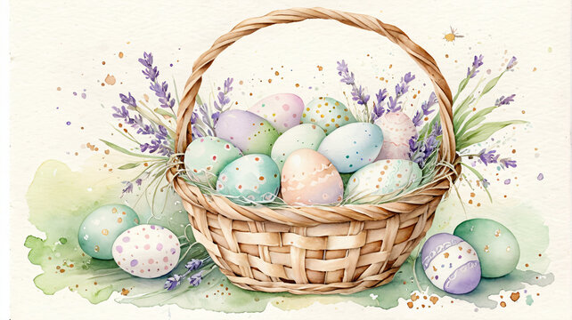 Aquarell Illustration eines Osterkorbs mit pastellfarbenen Eiern
