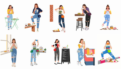 Fototapeta premium Young women enjoying modern cafe lifestyle and social media, taking photos of food and themselves in various trendy settings.