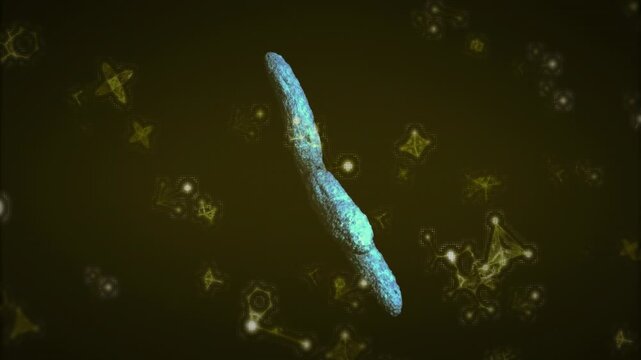 Blue X rotating and tilting, spin starting morphing into white X shape to show molecular form