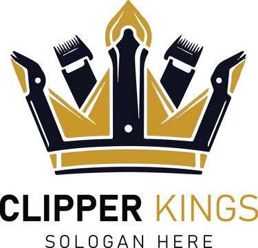 Clipper kings barber shop logo featuring a golden and black crown with hair clipper blade elements