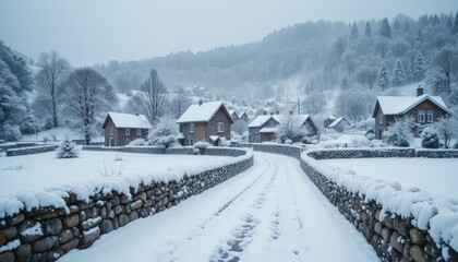 Winter Scene of a Snowy Village with Stone Pathway and Frosty Trees in a Tranquil Landscape