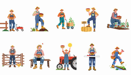 Fototapeta premium A collection of farmer illustrations showcasing various stages of tomato cultivation, harvest, and market preparation, emphasizing fresh produce and farm life.