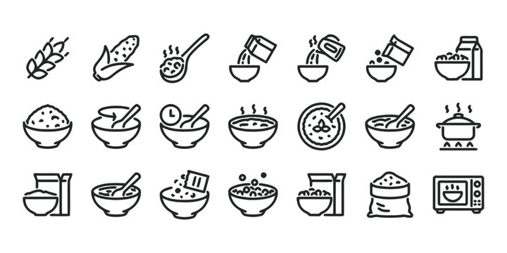 Cereal and grain icons in line art style for breakfast and cooking