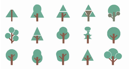 Geometric tree silhouette icon set in minimalist flat vector style isolated on white background