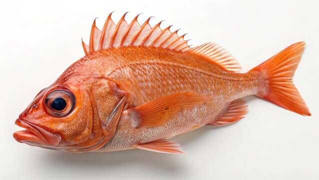 Studio portrait of a vivid reddish-orange deep-sea Orange Roughy (Hoplostethus atlanticus) isolated on a clean white background.