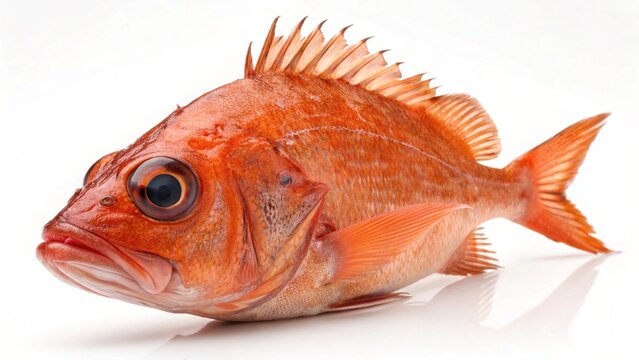 Studio portrait of a vivid reddish-orange deep-sea Orange Roughy (Hoplostethus atlanticus) isolated on a clean white background.