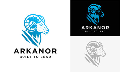 Arkanor logo designs featuring a stylized ram's head in various colors and backgrounds