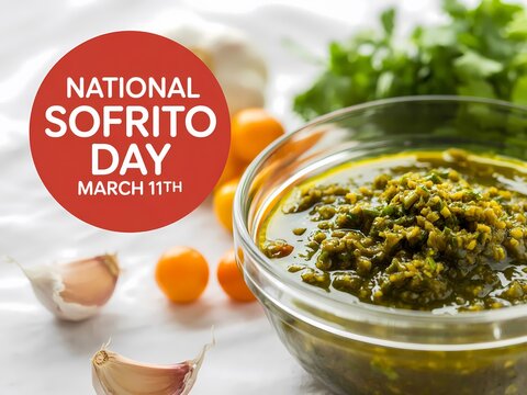 National sofrito day celebration with bowl of green sauce and ingredients on table