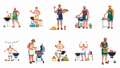 Fototapeta premium Diverse men enjoy a vibrant summer barbecue party, grilling delicious food with 'Kiss the Cook' aprons, celebrating outdoor cooking and friendship.