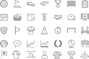 Soccer and football tournament icon set, match statistics, coaching tactics, championship trophies, cad drawing flat vector illustration, isolated white background. © Shain