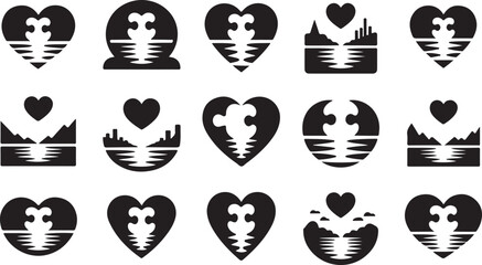 Black and white heart-shaped nature and cityscape in a grid