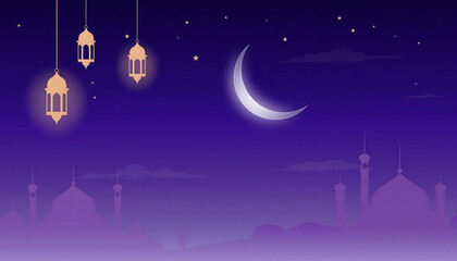 Hanging Lanterns and Crescent Moon Illustration.