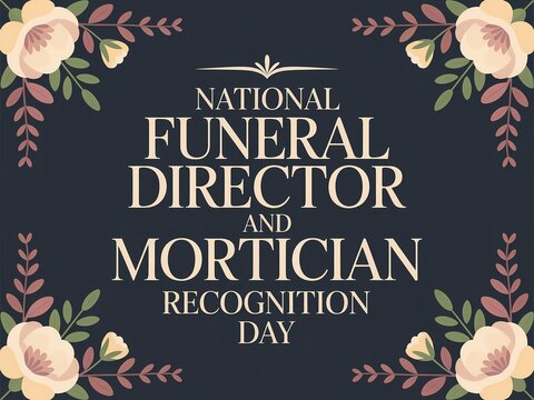 National funeral director and mortician recognition day with floral design on dark background