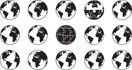 Fifteen black and white globe with puzzle pieces and different continents highlighted