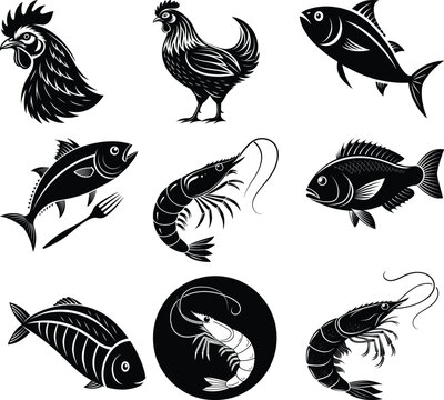 Black and white of rooster fish and shrimp on white background chicken tuna