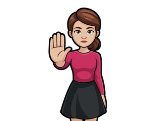 Cartoon woman gesturing stop sign with hand, wearing pink shirt and black skirt