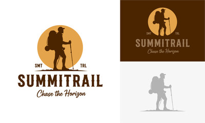 Hiker with backpack and trekking poles featured in logo designs, symbolizing adventure and exploration on trails
