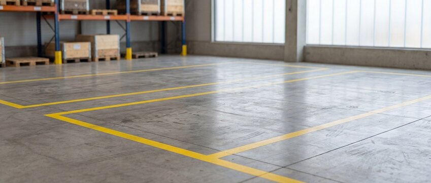 Warehouse interior with concrete floor and yellow safety lines, empty storage space