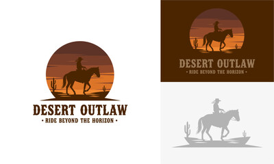 A lone cowboy rides a horse across the desert landscape at sunset with a cactus in the foreground