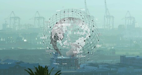 Naklejka premium Hovering 3D wireframe globe overlaying misty harbor port, showing cranes, docked ships, palm tree