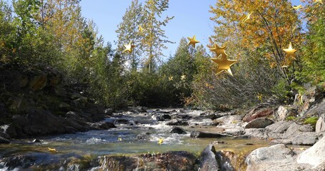 Naklejka premium Flowing shallow creek revealing rocky streambed at sunlit riverbank, with golden star ornaments