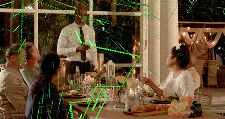 Speaking server in white shirt black tie greeting guests at patio with table, green digital-overlay