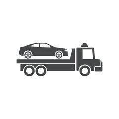 Simple flat design silhouette illustration of tow truck carrying car on flatbed, representing vehicle transport, breakdown assistance, or towing services for automotive emergencies on road