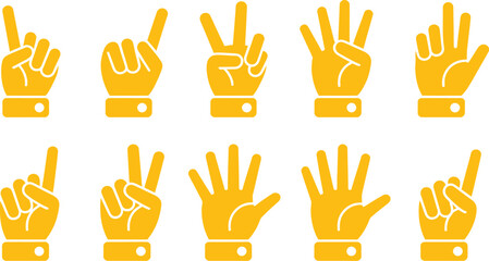 Yellow hand gesture icons set featuring fingers counting from one to five with various palm orientations for communication and educational design