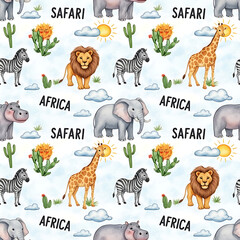Fototapeta premium Whimsical jungle safari with animals and hot air balloons floating above