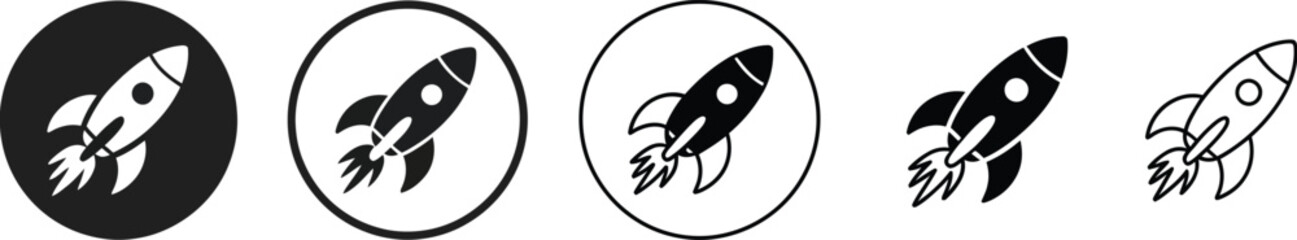 Black and white rocket ship icons set featuring spacecraft launch symbols and speed boosters in solid and outline styles with circular frames © Sara
