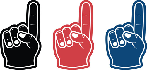 Number one foam finger icons set in black red and blue colors featuring the pointing index finger hand gesture for sports fans and stadium events © CLOCK TIME
