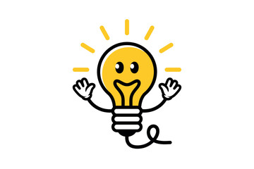 Cartoon light bulb character smiling with arms raised in excitement and inspiration