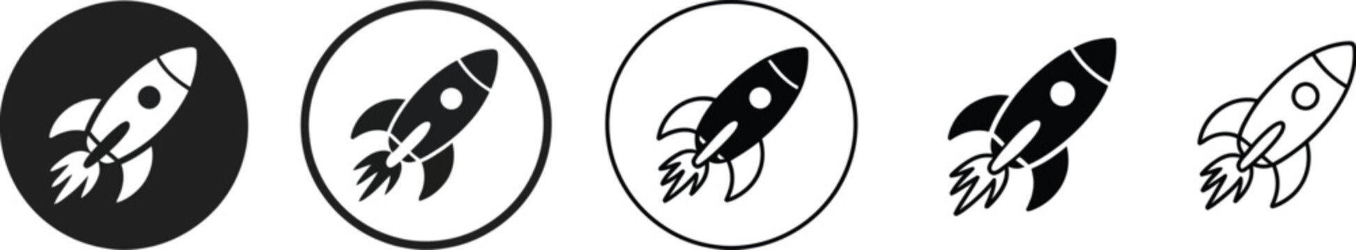 Black and white rocket ship icons set featuring spacecraft launch symbols and speed boosters in solid and outline styles with circular frames