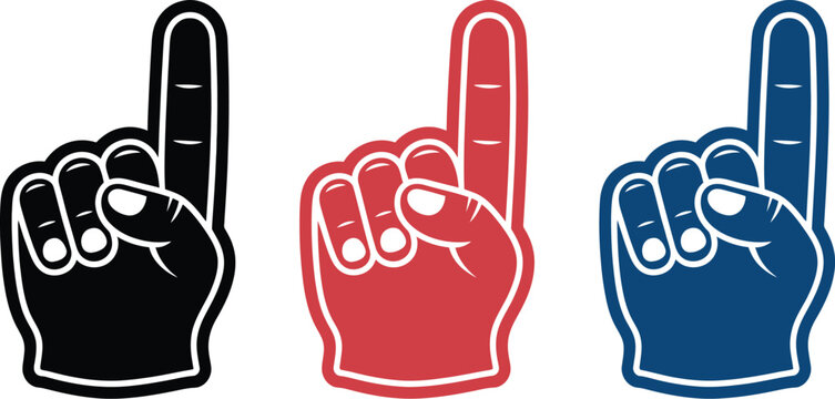 Number one foam finger icons set in black red and blue colors featuring the pointing index finger hand gesture for sports fans and stadium events