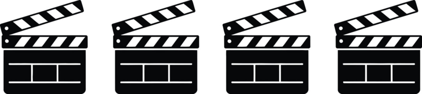 Black movie clapperboard icons set featuring film slate board symbols for cinema production video recording and Hollywood movie industry